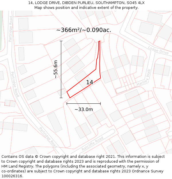 14, LODGE DRIVE, DIBDEN PURLIEU, SOUTHAMPTON, SO45 4LX: Plot and title map