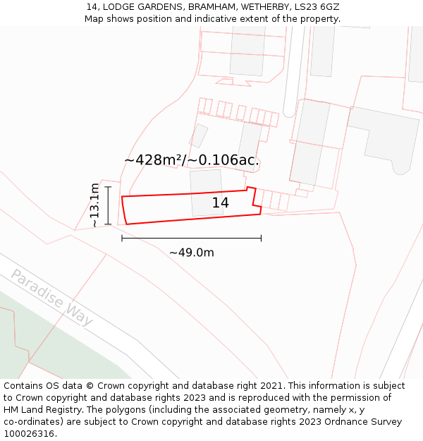 14, LODGE GARDENS, BRAMHAM, WETHERBY, LS23 6GZ: Plot and title map