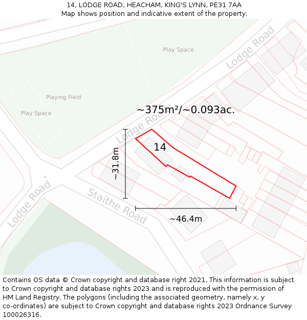 14, LODGE ROAD, HEACHAM, KING'S LYNN, PE31 7AA: Plot and title map