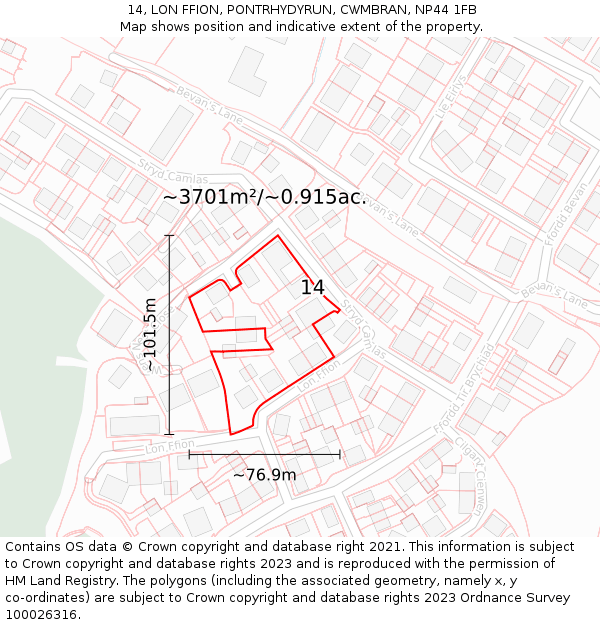 14, LON FFION, PONTRHYDYRUN, CWMBRAN, NP44 1FB: Plot and title map