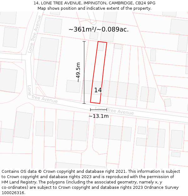 14, LONE TREE AVENUE, IMPINGTON, CAMBRIDGE, CB24 9PG: Plot and title map
