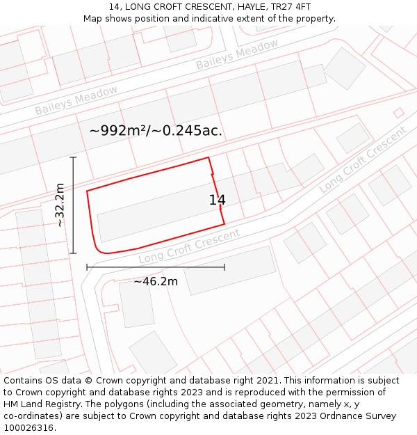 14, LONG CROFT CRESCENT, HAYLE, TR27 4FT: Plot and title map