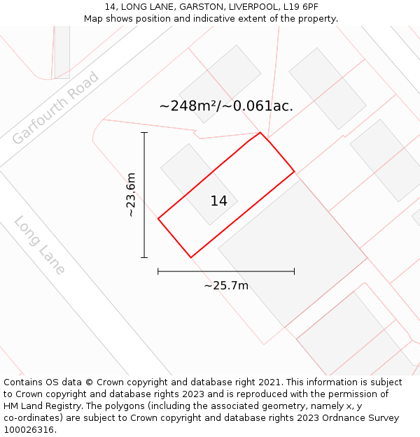 14, LONG LANE, GARSTON, LIVERPOOL, L19 6PF: Plot and title map