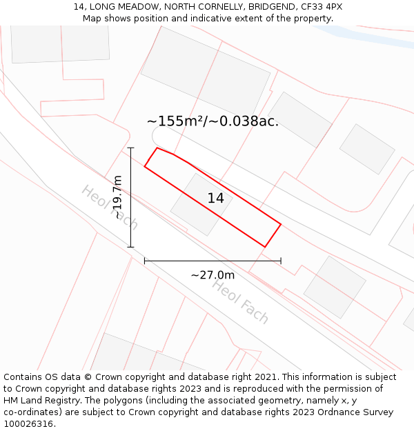 14, LONG MEADOW, NORTH CORNELLY, BRIDGEND, CF33 4PX: Plot and title map