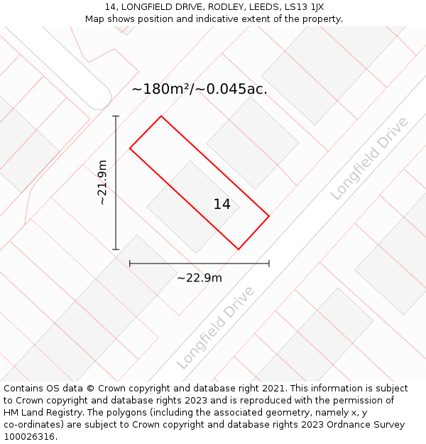 14, LONGFIELD DRIVE, RODLEY, LEEDS, LS13 1JX: Plot and title map