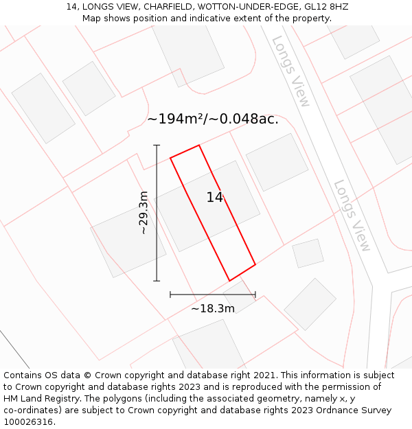 14, LONGS VIEW, CHARFIELD, WOTTON-UNDER-EDGE, GL12 8HZ: Plot and title map