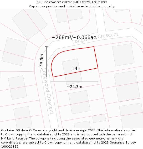 14, LONGWOOD CRESCENT, LEEDS, LS17 8SR: Plot and title map