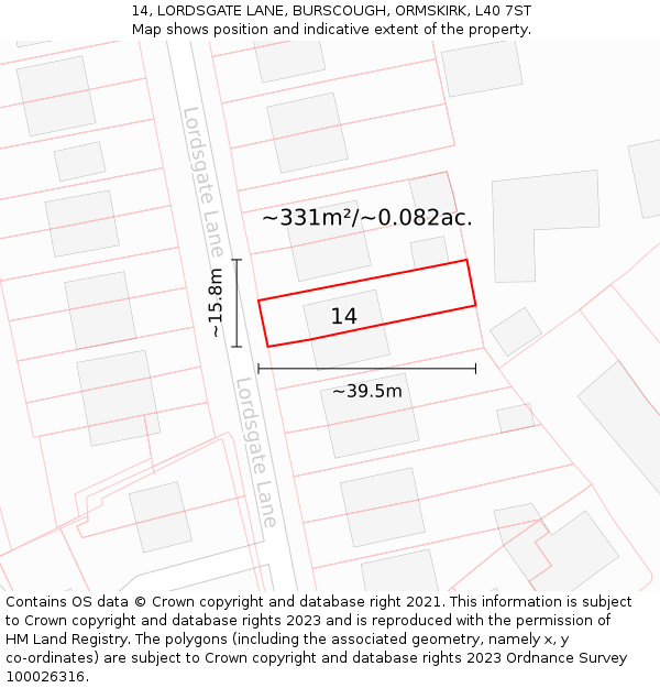 14, LORDSGATE LANE, BURSCOUGH, ORMSKIRK, L40 7ST: Plot and title map
