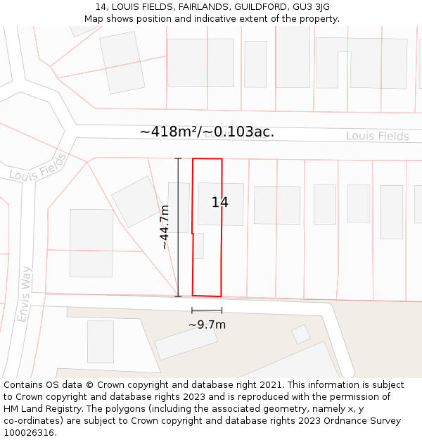 14, LOUIS FIELDS, FAIRLANDS, GUILDFORD, GU3 3JG: Plot and title map