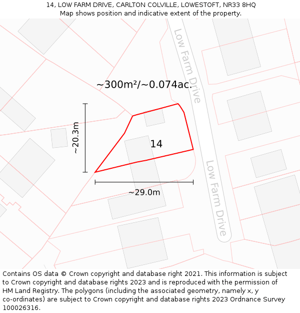 14, LOW FARM DRIVE, CARLTON COLVILLE, LOWESTOFT, NR33 8HQ: Plot and title map