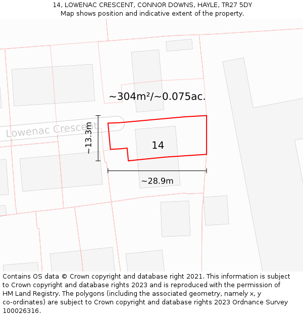 14, LOWENAC CRESCENT, CONNOR DOWNS, HAYLE, TR27 5DY: Plot and title map