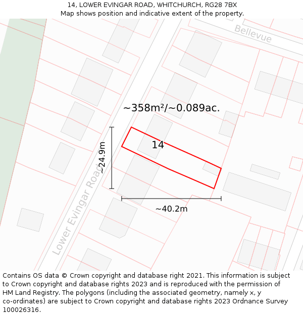 14, LOWER EVINGAR ROAD, WHITCHURCH, RG28 7BX: Plot and title map