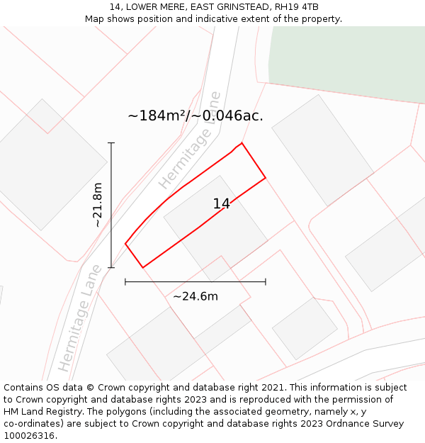 14, LOWER MERE, EAST GRINSTEAD, RH19 4TB: Plot and title map