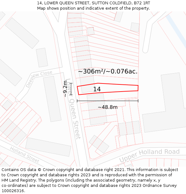 14, LOWER QUEEN STREET, SUTTON COLDFIELD, B72 1RT: Plot and title map