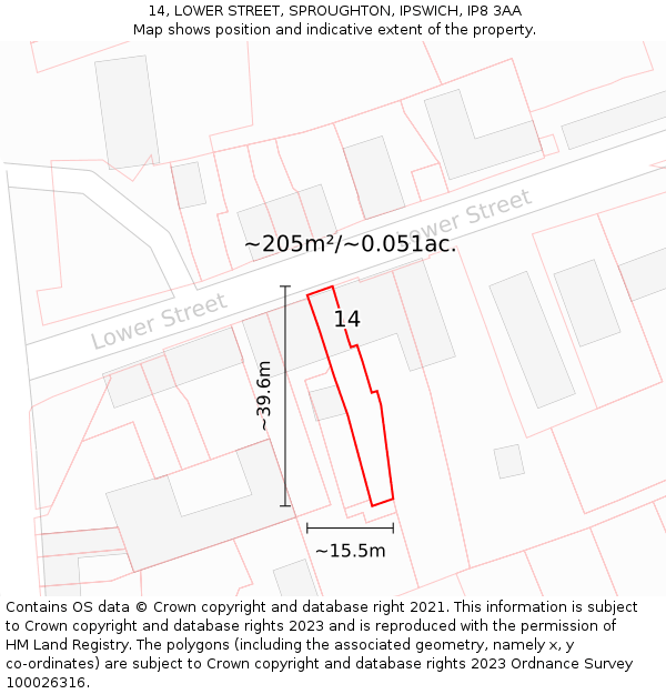 14, LOWER STREET, SPROUGHTON, IPSWICH, IP8 3AA: Plot and title map