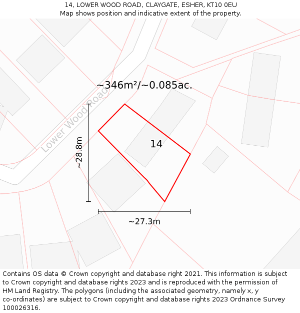 14, LOWER WOOD ROAD, CLAYGATE, ESHER, KT10 0EU: Plot and title map