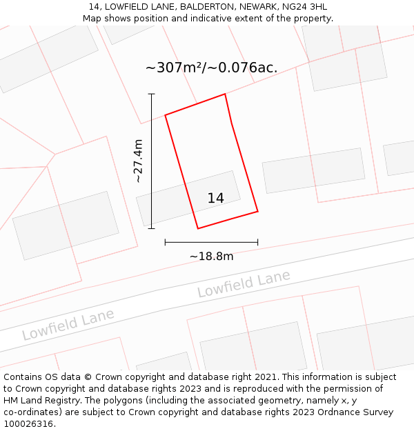 14, LOWFIELD LANE, BALDERTON, NEWARK, NG24 3HL: Plot and title map
