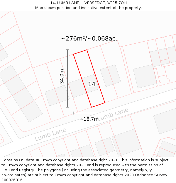 14, LUMB LANE, LIVERSEDGE, WF15 7QH: Plot and title map