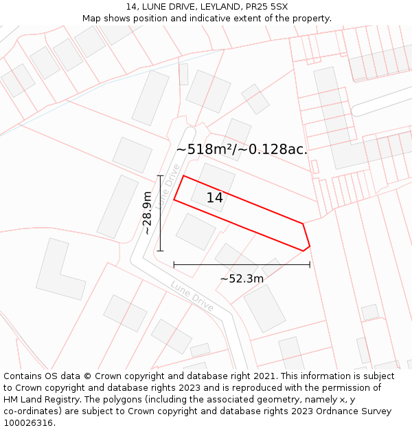 14, LUNE DRIVE, LEYLAND, PR25 5SX: Plot and title map