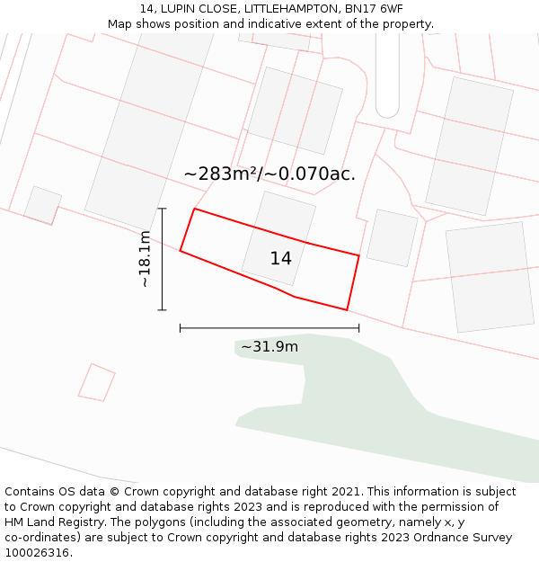 14, LUPIN CLOSE, LITTLEHAMPTON, BN17 6WF: Plot and title map