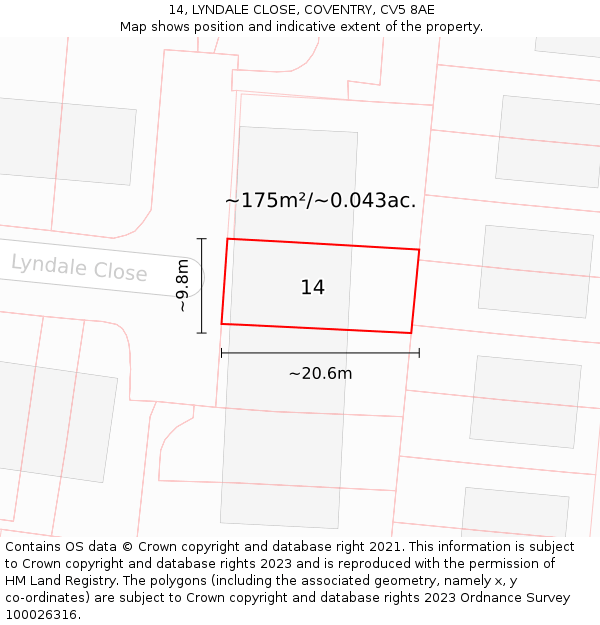 14, LYNDALE CLOSE, COVENTRY, CV5 8AE: Plot and title map