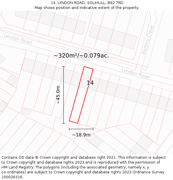 14, LYNDON ROAD, SOLIHULL, B92 7RD: Plot and title map