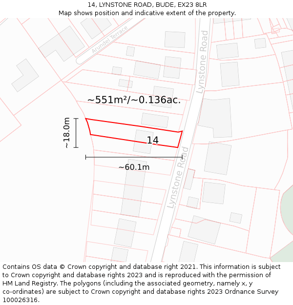14, LYNSTONE ROAD, BUDE, EX23 8LR: Plot and title map