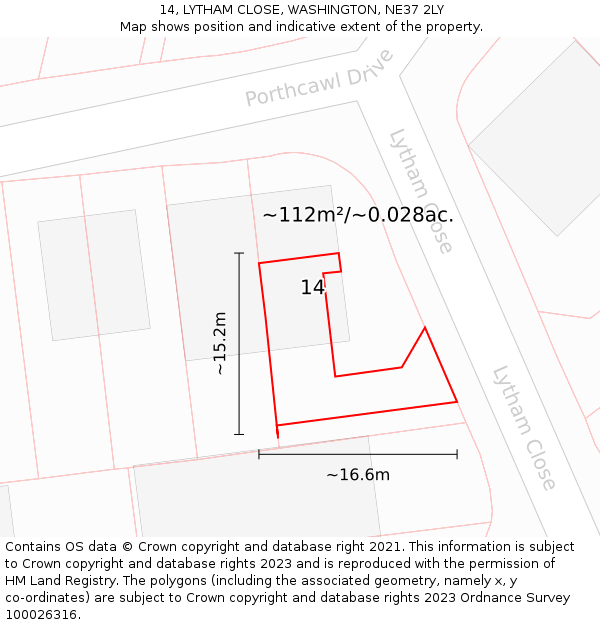 14, LYTHAM CLOSE, WASHINGTON, NE37 2LY: Plot and title map