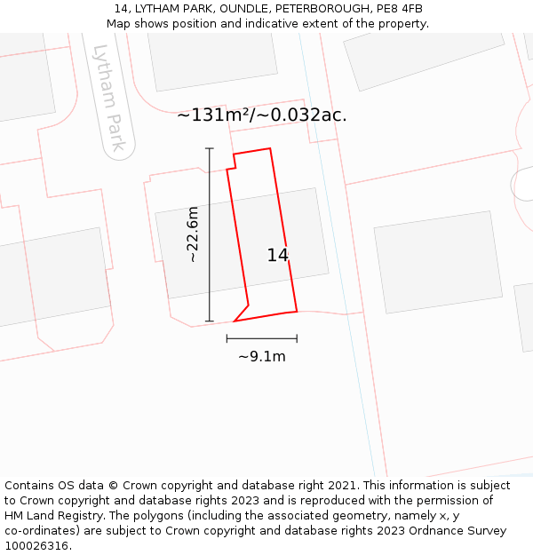 14, LYTHAM PARK, OUNDLE, PETERBOROUGH, PE8 4FB: Plot and title map