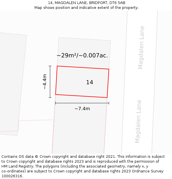 14, MAGDALEN LANE, BRIDPORT, DT6 5AB: Plot and title map