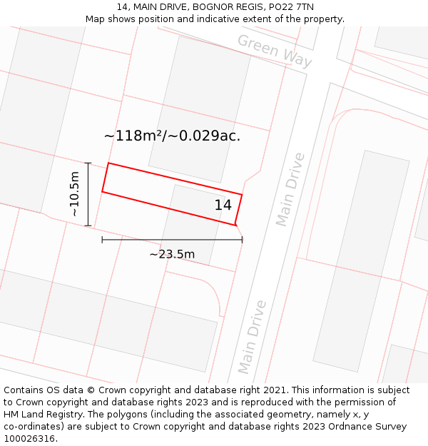 14, MAIN DRIVE, BOGNOR REGIS, PO22 7TN: Plot and title map