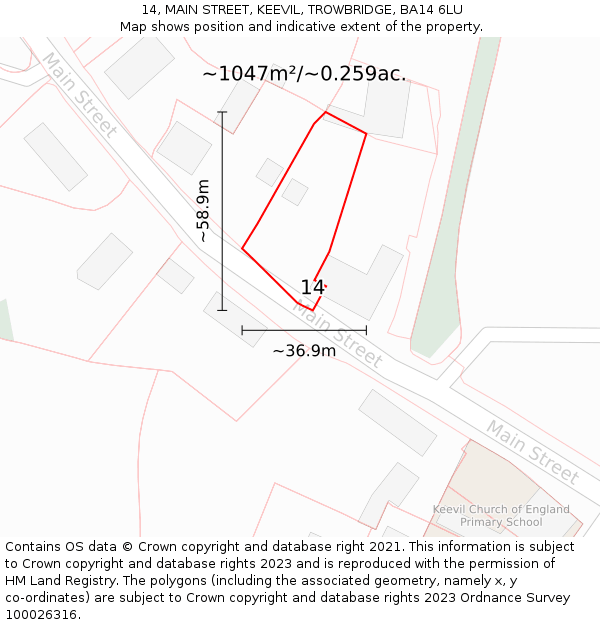 14, MAIN STREET, KEEVIL, TROWBRIDGE, BA14 6LU: Plot and title map