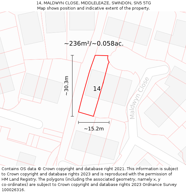 14, MALDWYN CLOSE, MIDDLELEAZE, SWINDON, SN5 5TG: Plot and title map