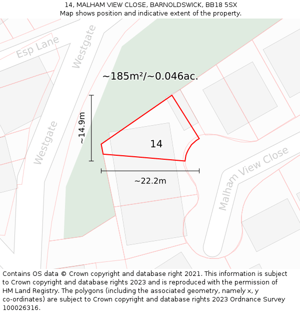 14, MALHAM VIEW CLOSE, BARNOLDSWICK, BB18 5SX: Plot and title map