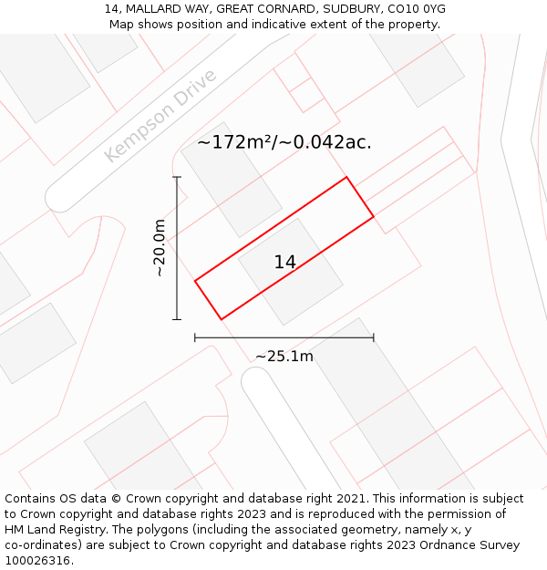 14, MALLARD WAY, GREAT CORNARD, SUDBURY, CO10 0YG: Plot and title map