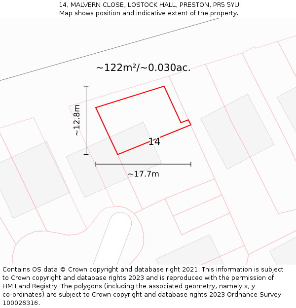 14, MALVERN CLOSE, LOSTOCK HALL, PRESTON, PR5 5YU: Plot and title map