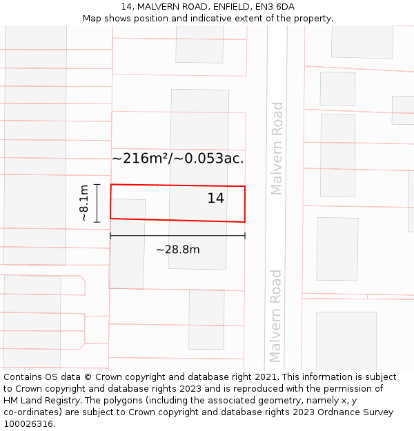 14, MALVERN ROAD, ENFIELD, EN3 6DA: Plot and title map