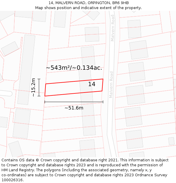 14, MALVERN ROAD, ORPINGTON, BR6 9HB: Plot and title map