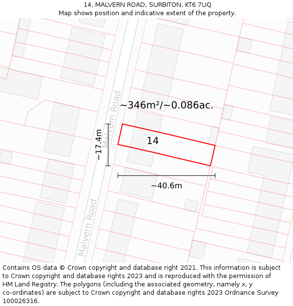 14, MALVERN ROAD, SURBITON, KT6 7UQ: Plot and title map