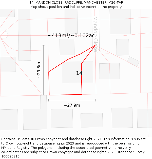 14, MANDON CLOSE, RADCLIFFE, MANCHESTER, M26 4WR: Plot and title map