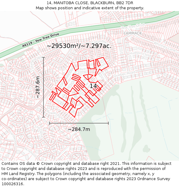 14, MANITOBA CLOSE, BLACKBURN, BB2 7DR: Plot and title map