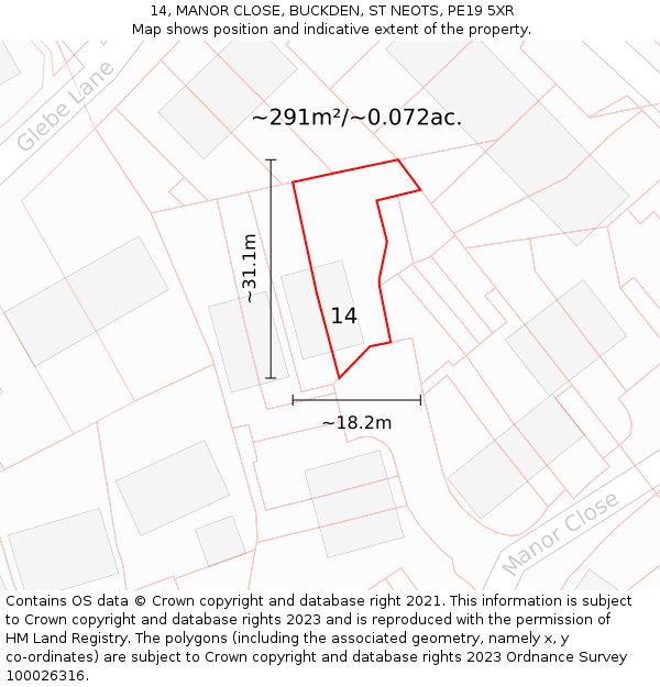 14, MANOR CLOSE, BUCKDEN, ST NEOTS, PE19 5XR: Plot and title map