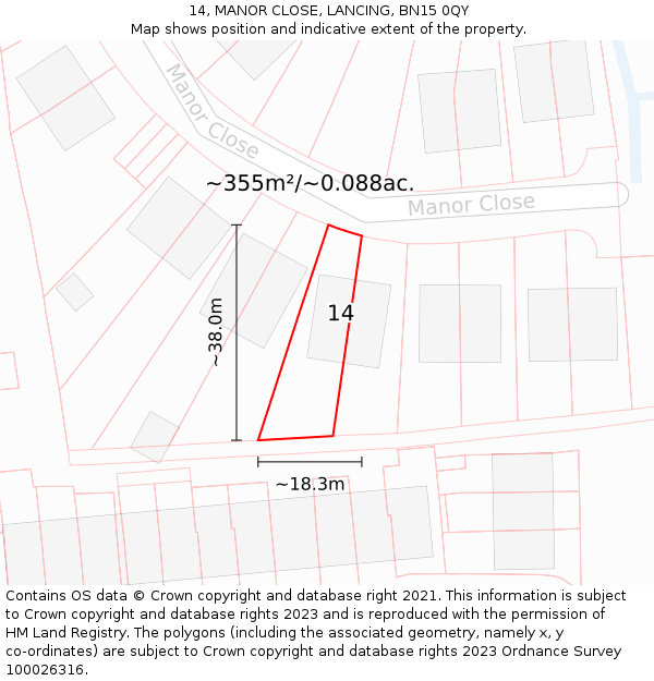 14, MANOR CLOSE, LANCING, BN15 0QY: Plot and title map