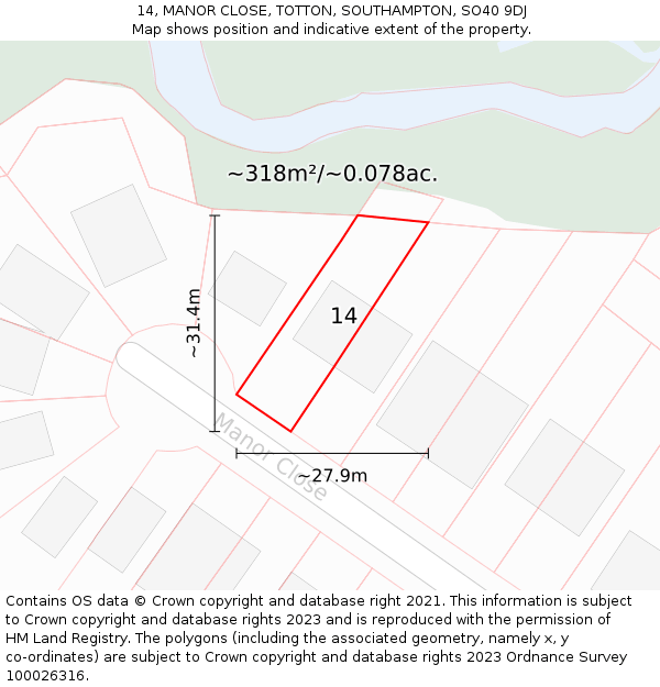 14, MANOR CLOSE, TOTTON, SOUTHAMPTON, SO40 9DJ: Plot and title map