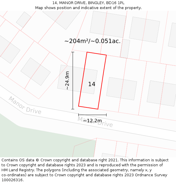 14, MANOR DRIVE, BINGLEY, BD16 1PL: Plot and title map