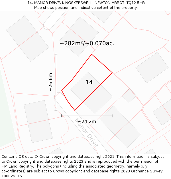 14, MANOR DRIVE, KINGSKERSWELL, NEWTON ABBOT, TQ12 5HB: Plot and title map