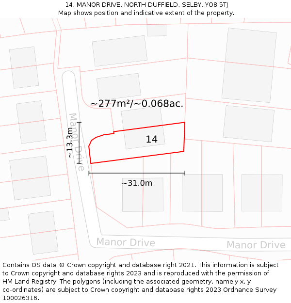 14, MANOR DRIVE, NORTH DUFFIELD, SELBY, YO8 5TJ: Plot and title map