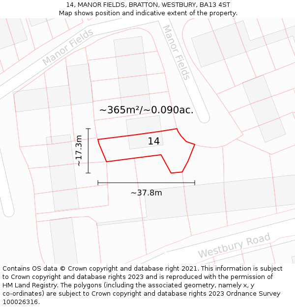 14, MANOR FIELDS, BRATTON, WESTBURY, BA13 4ST: Plot and title map