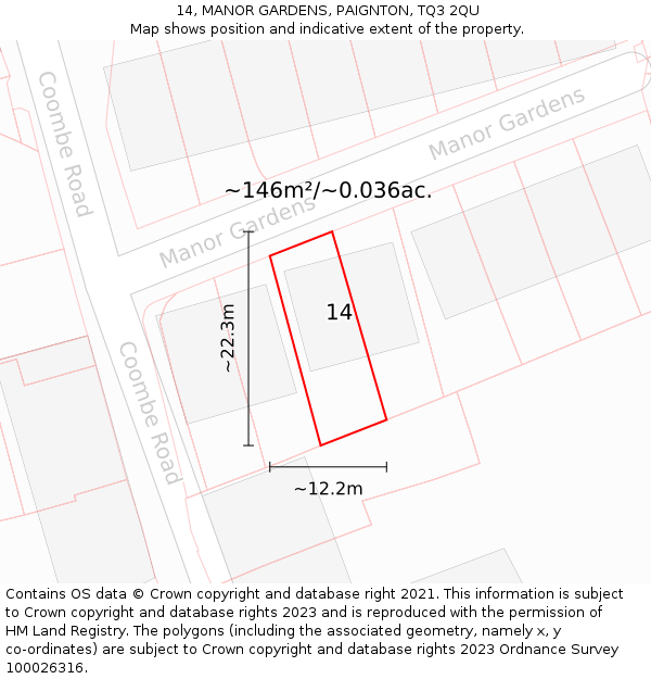 14, MANOR GARDENS, PAIGNTON, TQ3 2QU: Plot and title map