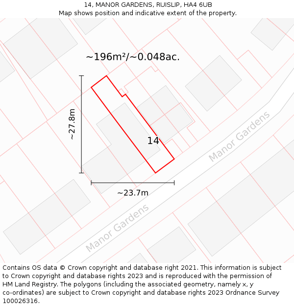 14, MANOR GARDENS, RUISLIP, HA4 6UB: Plot and title map